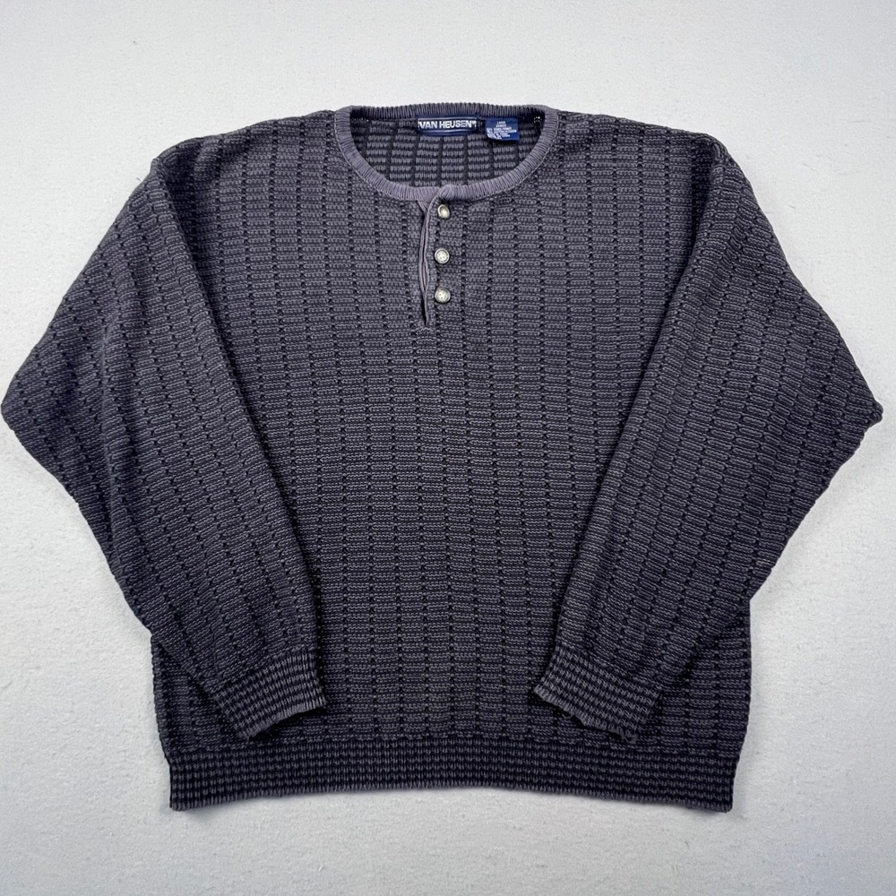 Van Heusen Henley Sweater Mens Large Grey Ramie Cotton Knit Textured Pullover